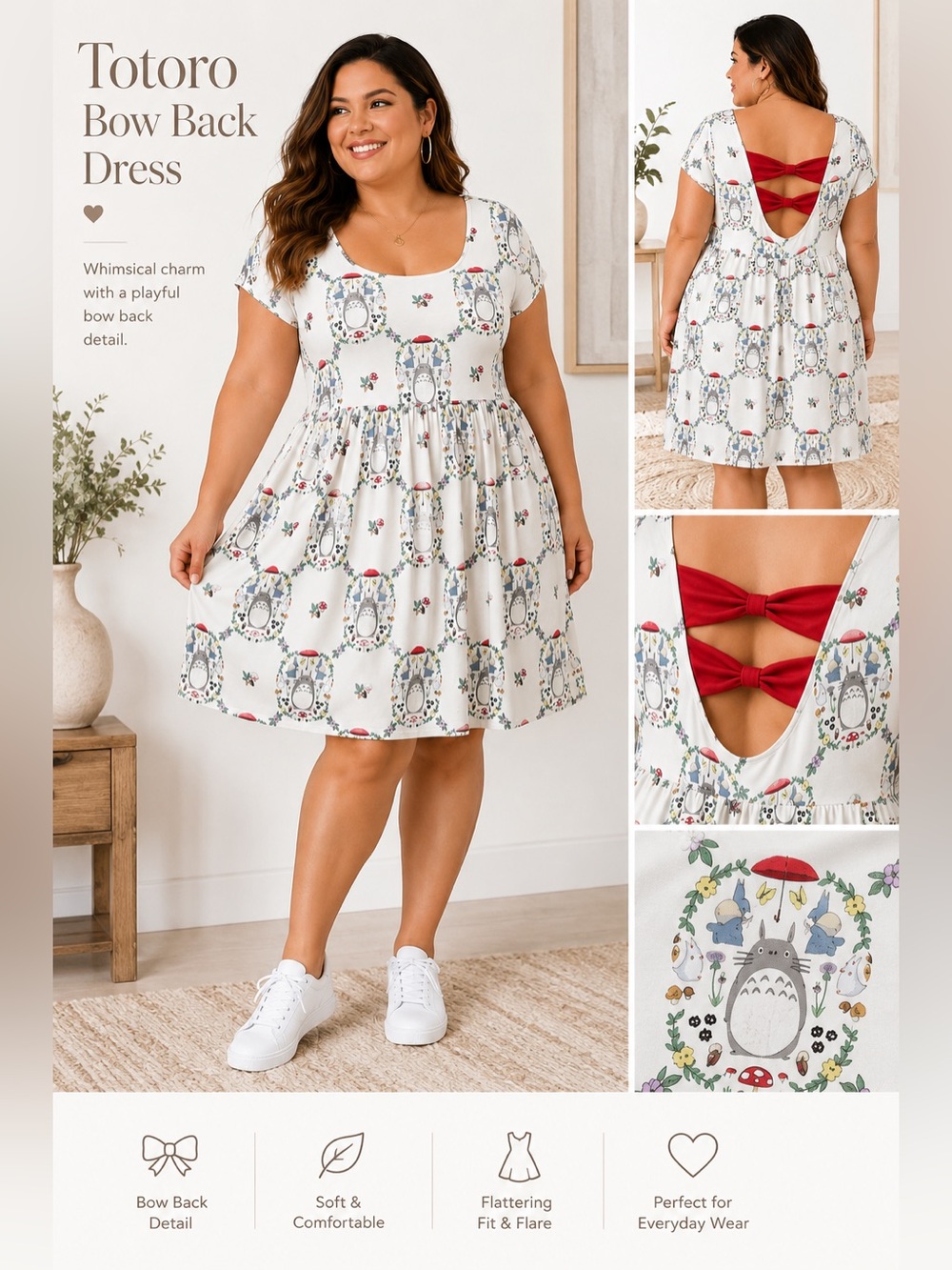 My Neighbor Cream Totoro Print Dress with Red Bow Back